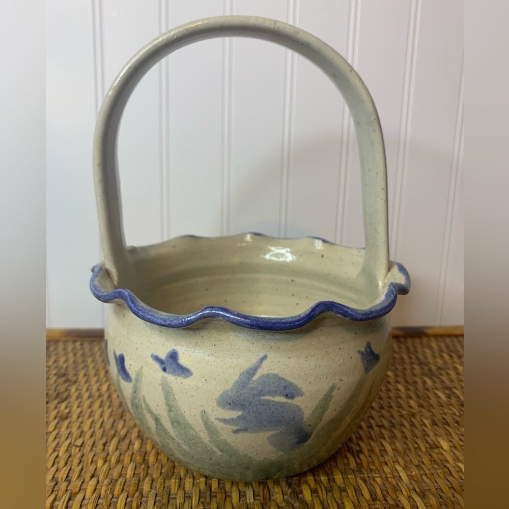 Little Mountain Pottery Glaze Crock Basket Blue Rabbit Speckled Primitive Bunny